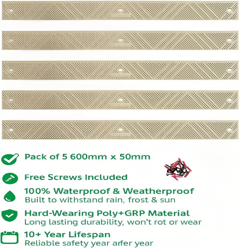 GreenTec 5 Pack 24" x 2" (600mm x 50mm) Non-Slip Decking Strips | Hard Wearing Polypropylene with Fixings | Outdoor Safety for Decks, Steps & Ramps | 10+ Year Lifespan (Beige) - Image 3